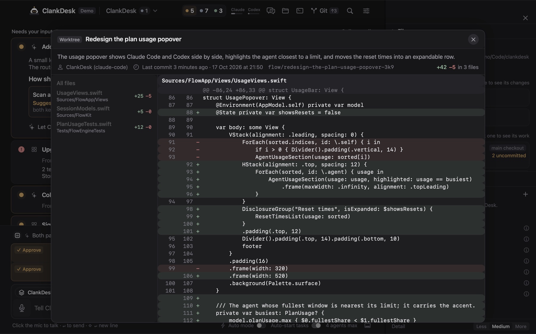 The worktree diff for the task Redesign the plan usage popover: three Swift files changed