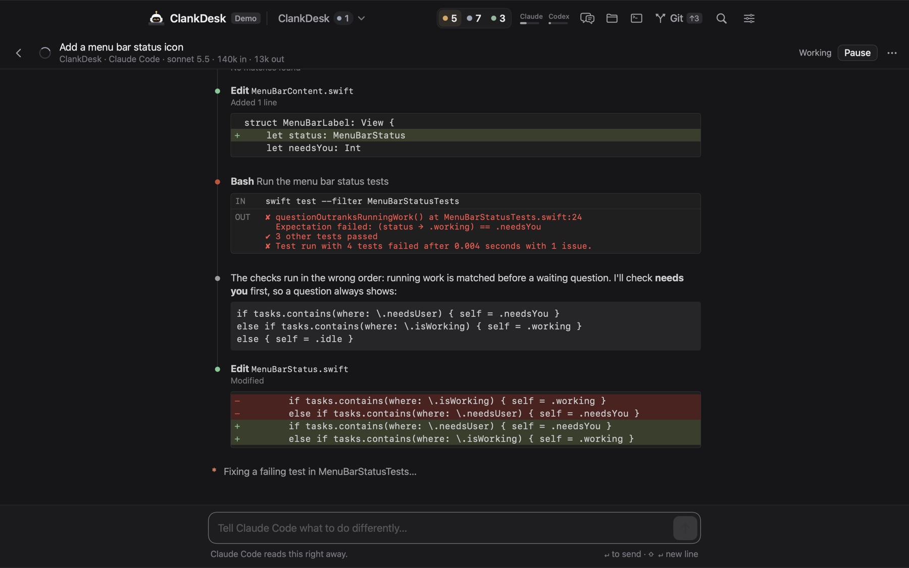 A live session showing an agent's edits and a failing test run